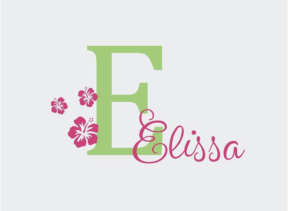 Monogram Name PERSONALIZED initial BIG Hibiscus Flowers Girls Vinyl Wall Lettering Words Quotes Decals Art Custom