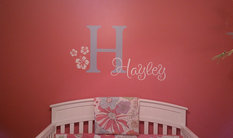 Monogram Name PERSONALIZED initial BIG Hibiscus Flowers Girls Vinyl Wall Lettering Words Quotes Decals Art Custom
