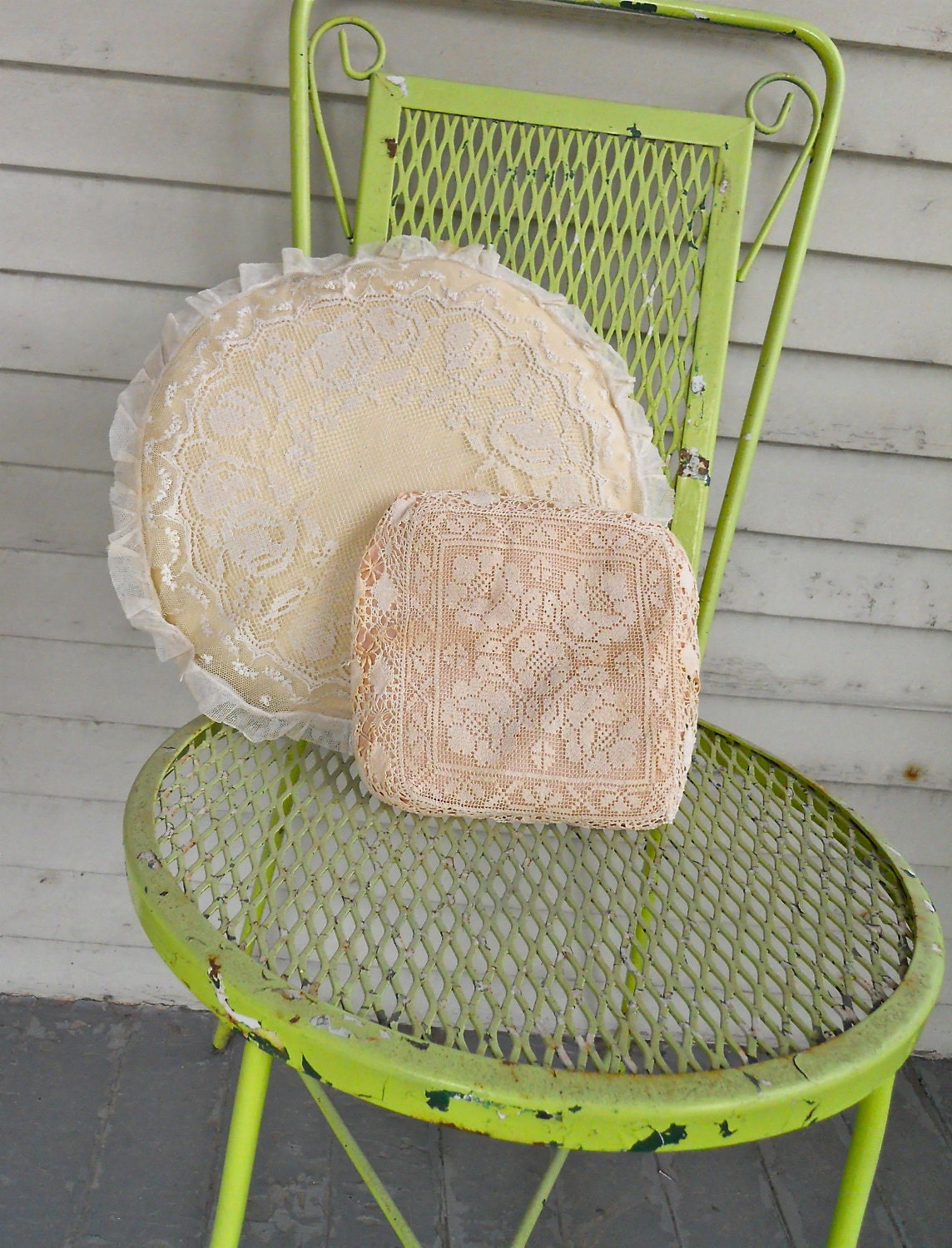 set two early 1900s Lace and Satin boudoir pillow pink ivory