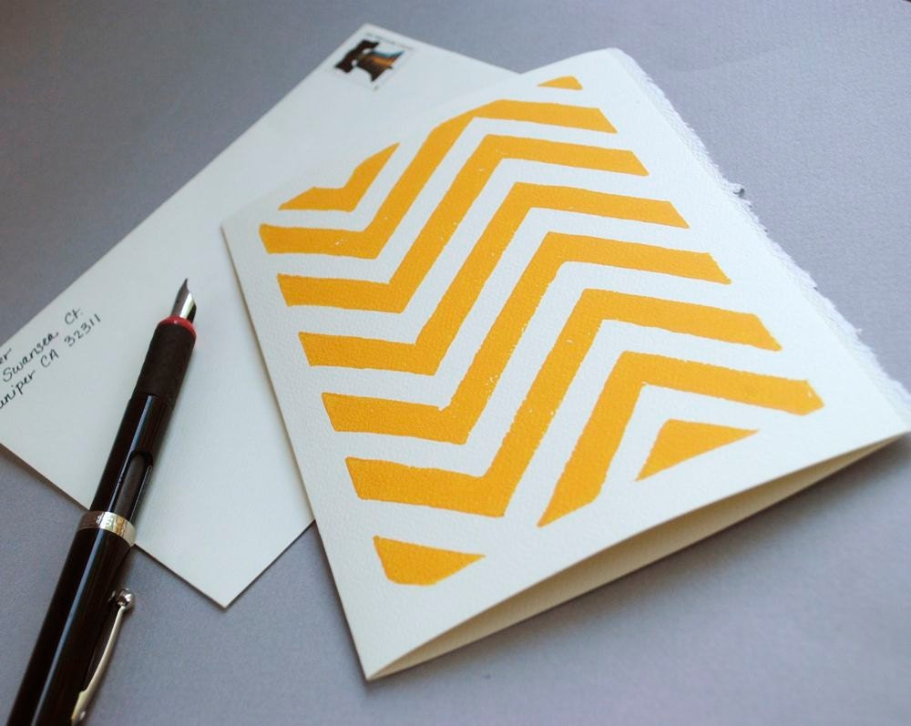 Yellow Chevron Linocut Notecard, 5x7 Pattern Hand-printed Block Print Card, Blank Inside