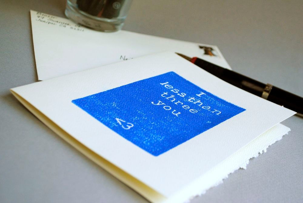 Math Geek Love Blue Greeting Card, I Less Than Three You Handprinted Notecard