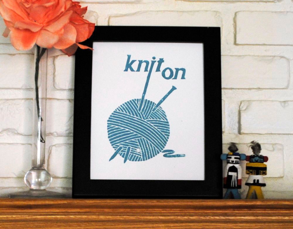 Knitting Block Print, 8x10 Turquoise Blue Knit On Linocut Print