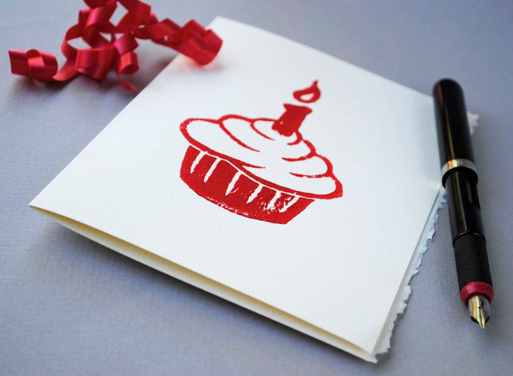 Red Cupcake Birthday Card - Cake and Candle Notecard - CursiveArts