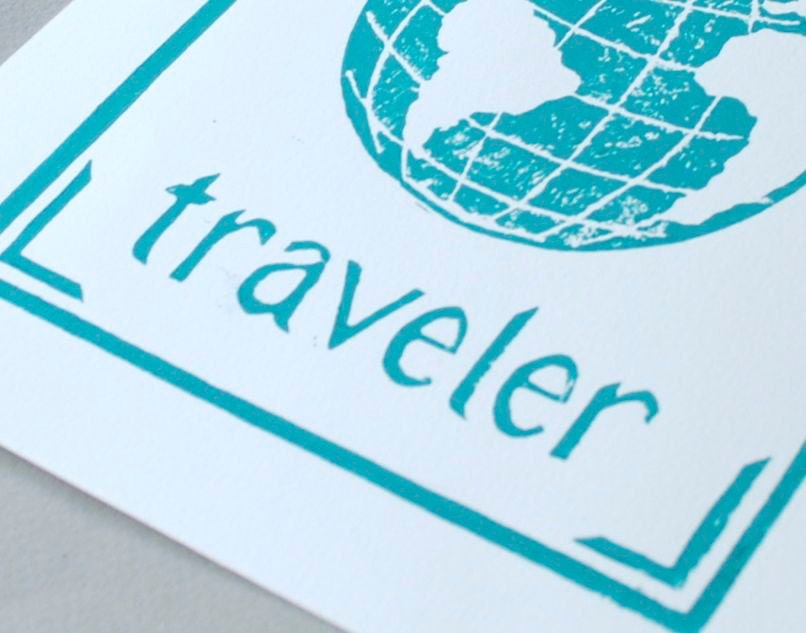 Turquoise Block Print Travel Poster, 8x10 Be a Traveler Linocut