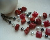 Red Stone, Black Hematite, and White Pearl Extra Long Necklace