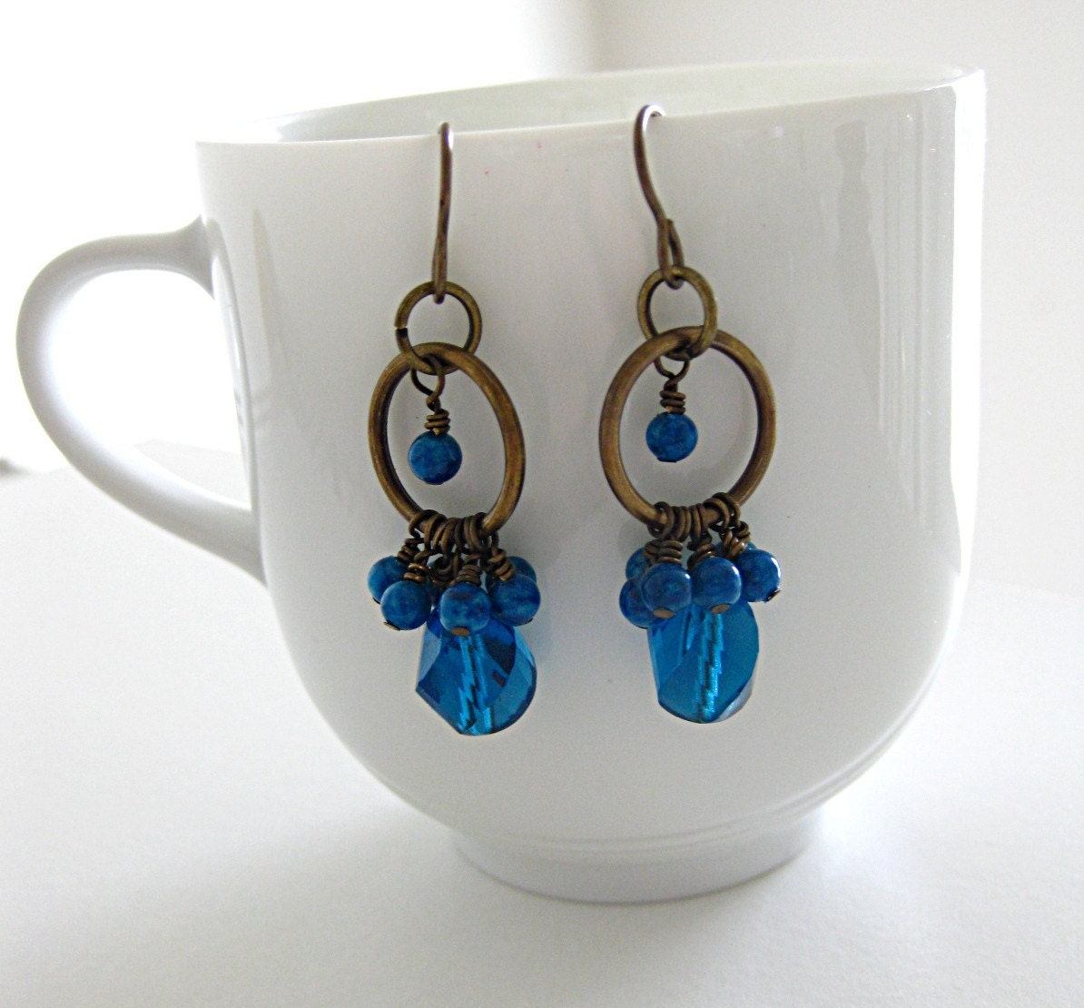 Turquoise Blue Glass and Brass Hoop Earrings