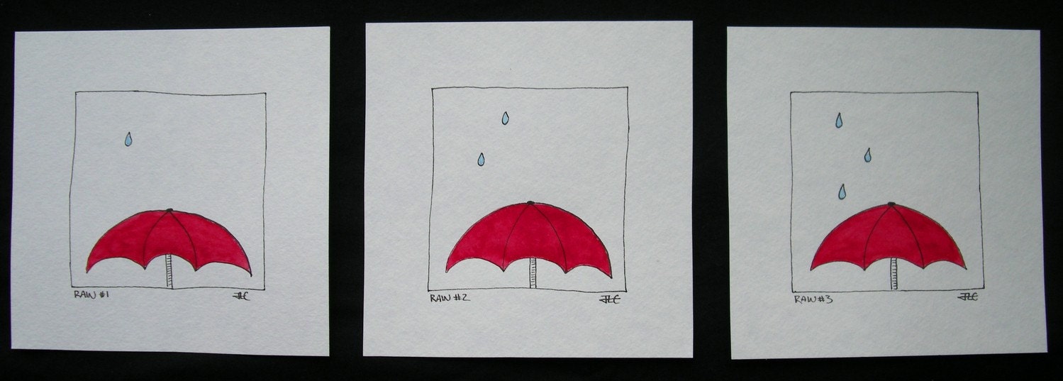 Original Ink Illustration - Series of 3 Red Umbrellas