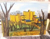 Mid Century Modern Original Oil Painting of a City
