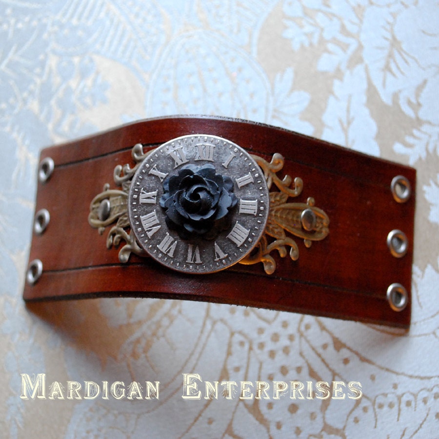 Leather Cuff - black Rose and Clock