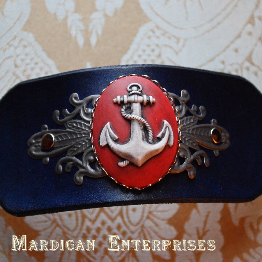 Leather Cuff - Red Anchor cameo on Blue Leather