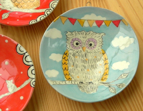 Owl Plate, Owl in the Clouds, Owl Art,
