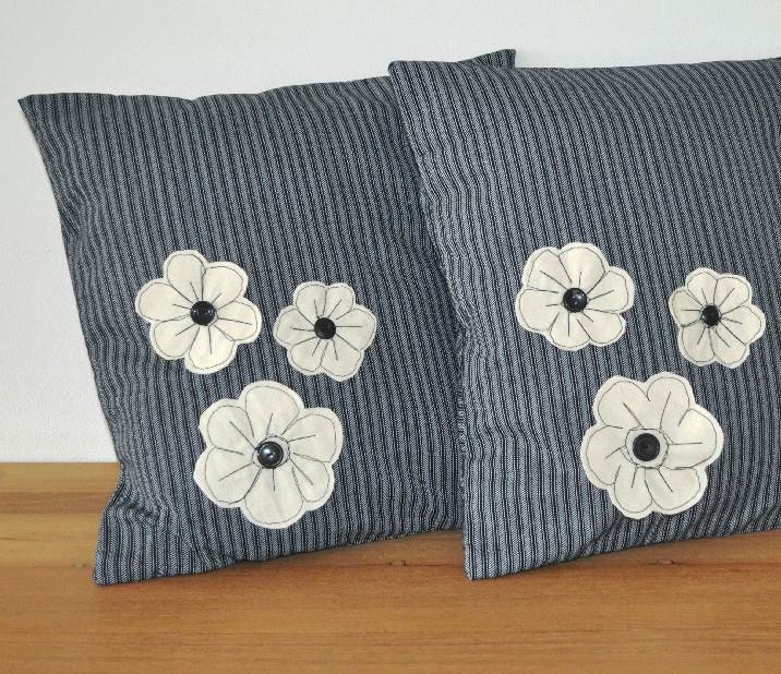 SALE -2 pcs - Grey Stripes with Flower Embellishment - 16 inches x 16 inches (41 cm x  41 cm)