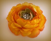 Tangerine flower comb - orange stiffened silk rose hair accessory - Ranunculus - hair flower - with a sparkly diamante and pearl center.