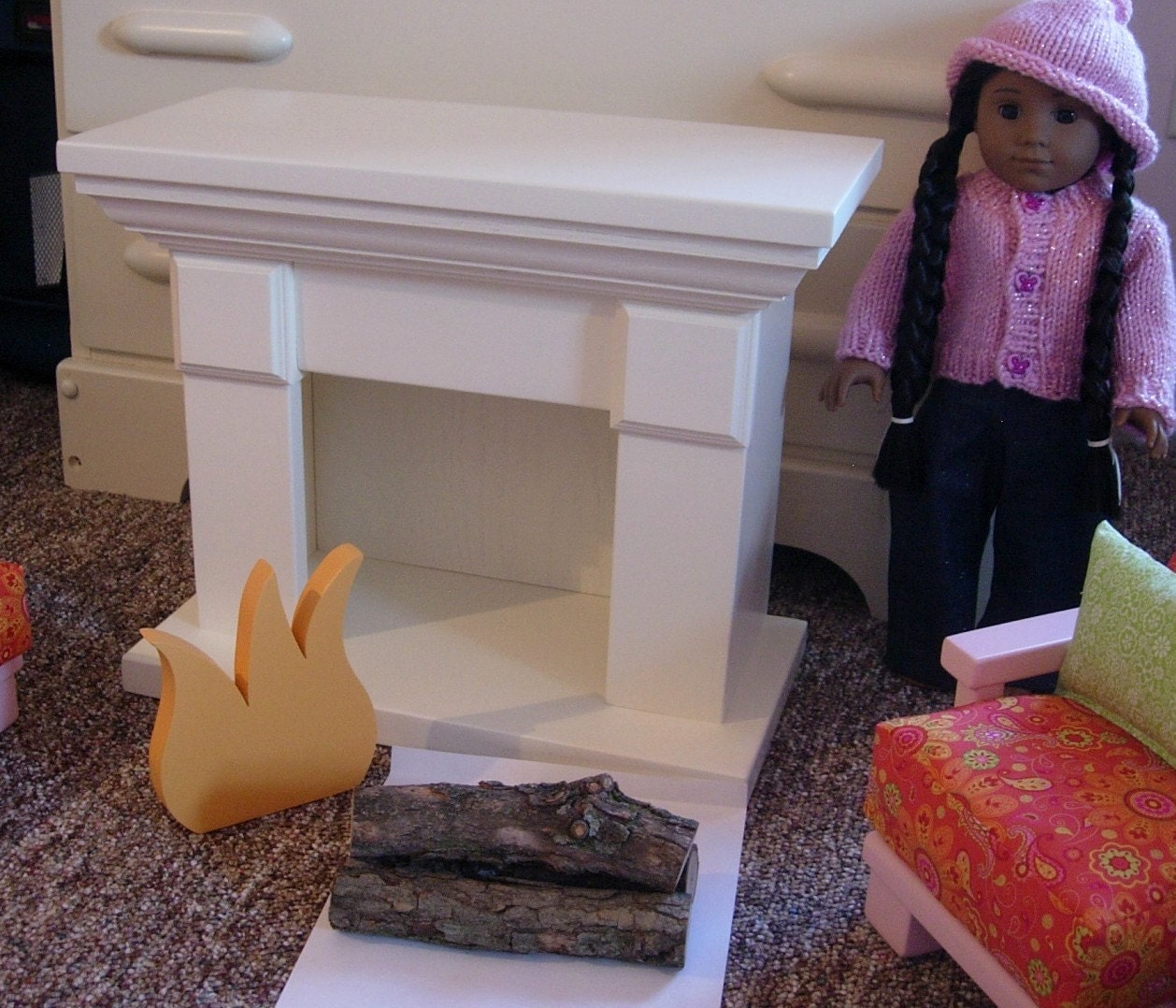 Doll Couch Loveseat Chair Tables with Fireplace for American Girl Dolls or 18-inch Dolls