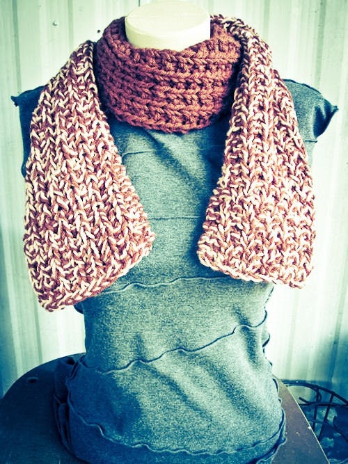 Brown & Salmon Hand Knit Scarf, color block, mottled, cowl - Made by Memere