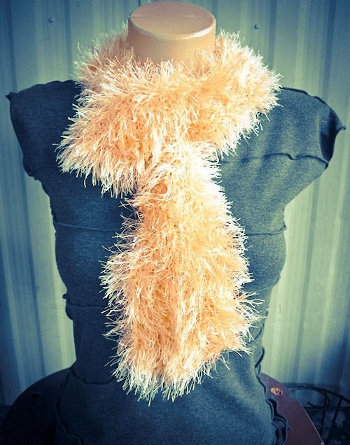 Champagne Beige Fun Fur Hand Knit Neck Ruffle, fuzzie, cowl, soft - Made by Memere