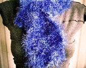 Indigo Blue Fun Fur Hand Knit Neck Ruffle, fuzzy, soft, cowl - Made by Memere