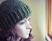 Crocheted Beanie Hat, Olive Green, Ribbed, Wool, Warm, Crochet, Unisex - Made by Kim