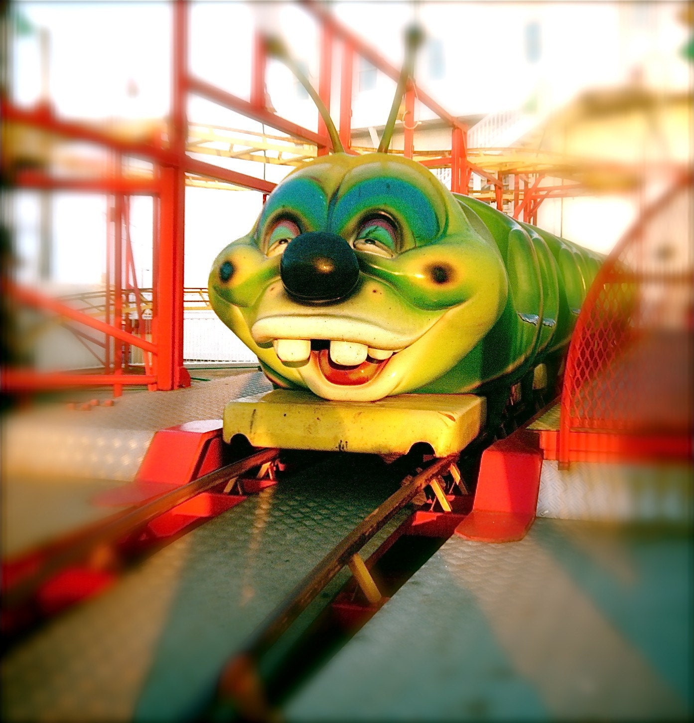 Toothy - smiling caterpillar carnival ride Fine Art Carnival Photograph, Handmade Philly team, 8x8 print - heatherexley
