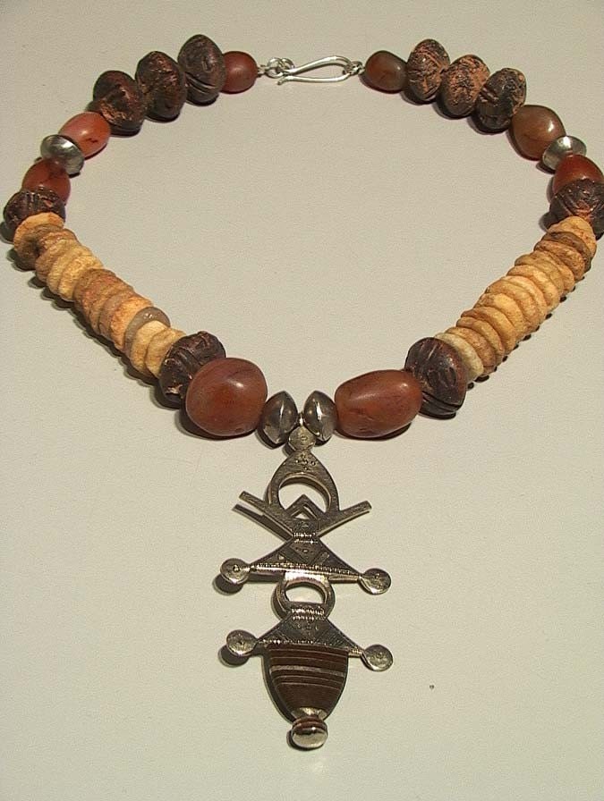 African Moroccan cross necklace with ancient quartz beads