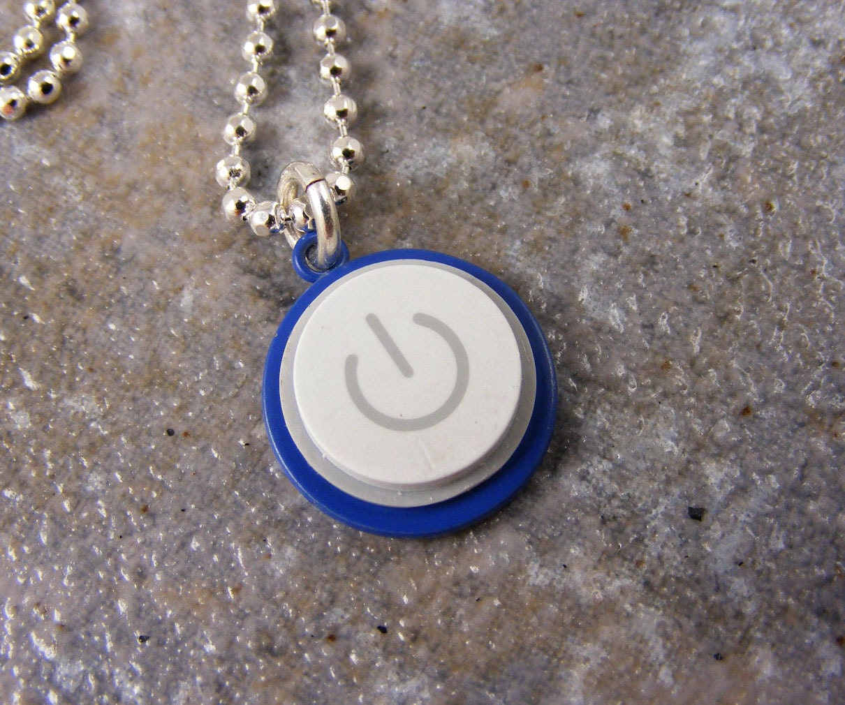 Power Up Color- Recycled MAC Power Button Necklace -  Blue Enamel and Sterling Silver Plated Chain