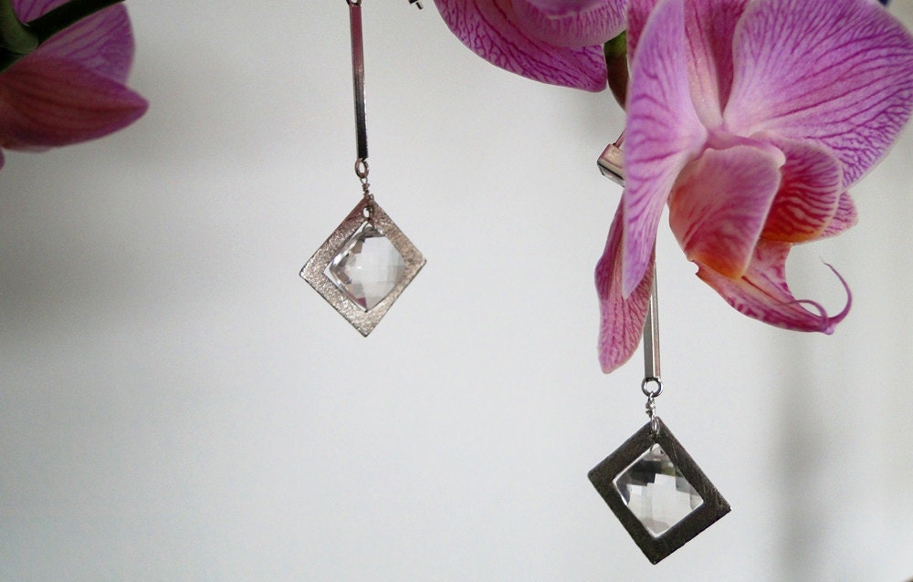 Checkercut Quartz Kite Briolette Sterling Silver Earrings with CZ Studs