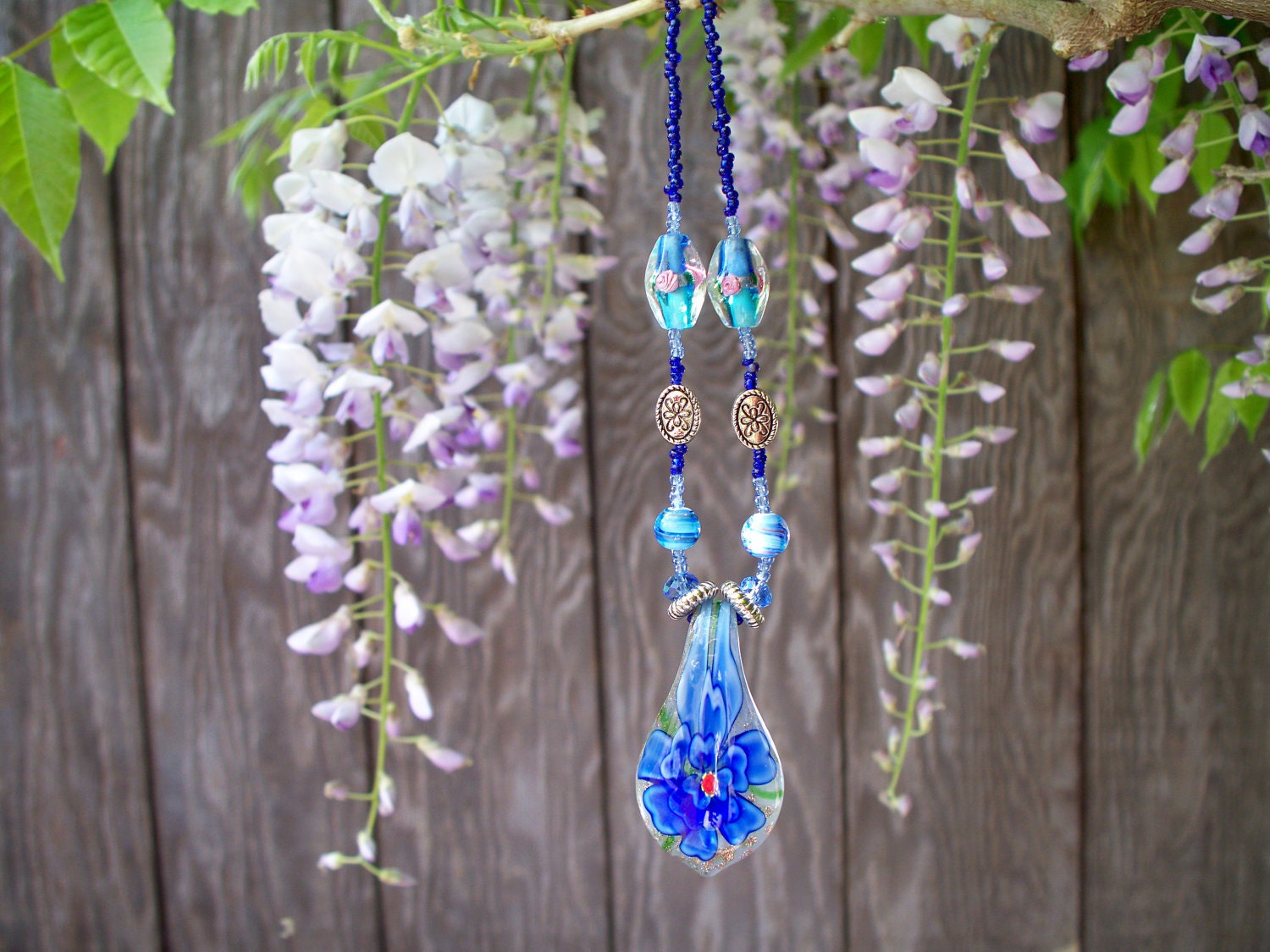 Gorgeous Blue Flower Glass Pendent, on Matching Hand Strung Chain