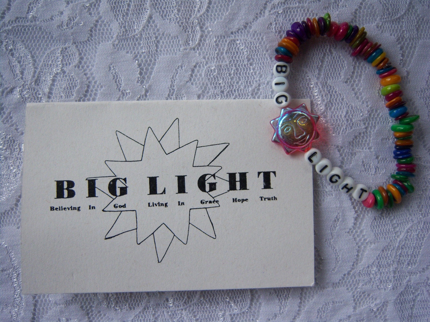 BIG LIGHT Inspirational Bracelet - Believing In God Living In Grace Hope, Truth. This bracelet makes an excellent Easter Basket stuffer
