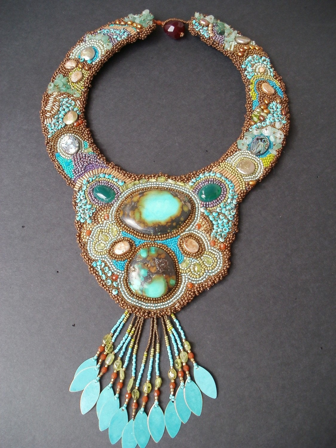 Hand embroidered Turquoise gem and bead necklace