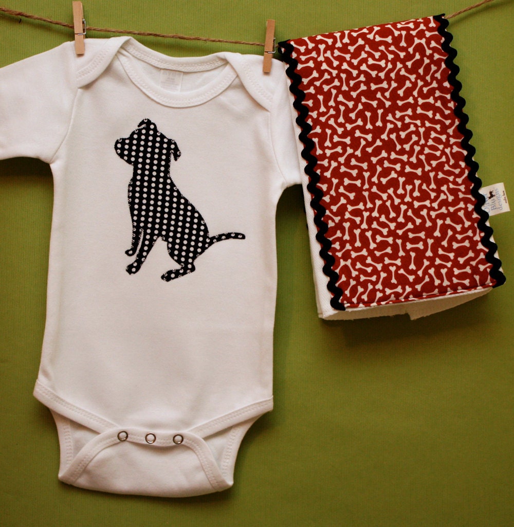 Pit Bull bodysuit and burp cloth gift set in black and white polka dot and red bone prints