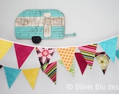 Mini pennant fabric banner - bunting in chocolate brown, hot pink, turquoise, and yellow