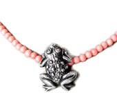 Pink Beaded Choker Coral Beads Frog Button Jewelry Silver Toggle Clasp