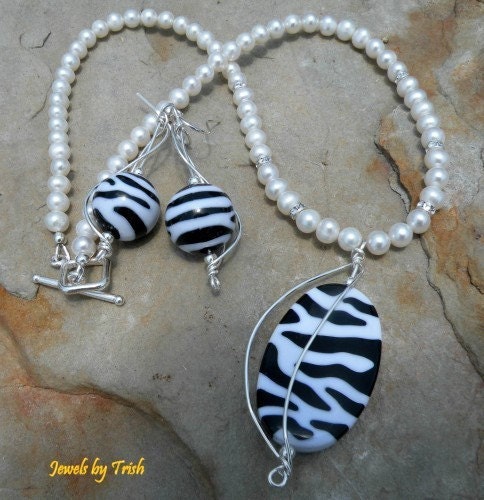 Black and White Necklace and Earring Set, Zebra, Handcrafted Jewelry Jewels by Trish