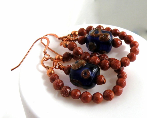 Blue and Brown Beaded Dangle Earrings Long Loop Sparkly Jewelry