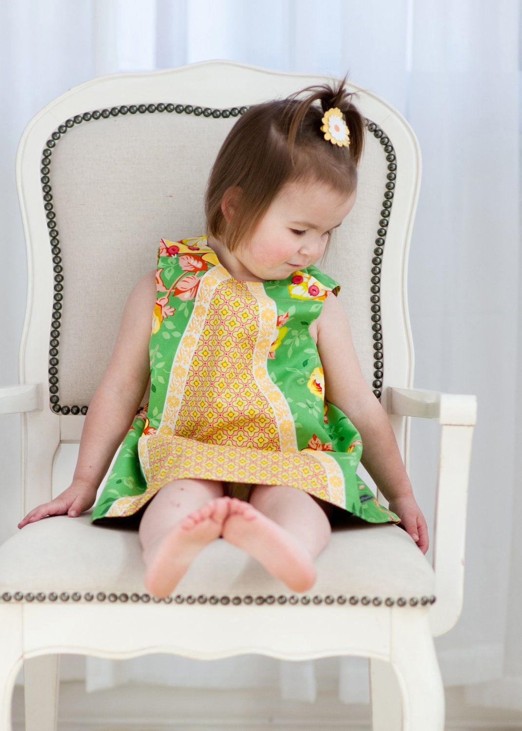 Girls Green Floral Retro Mod Shift Dress, Size 3T In Stock and Ready to Ship by The Cottage Mama