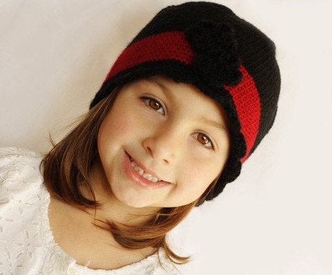 5T to Preteen crochet beanie black deep red with flowers Ready to Ship