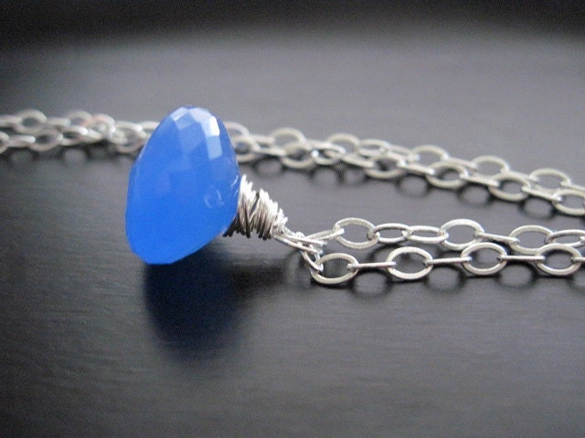 Cobalt Blue Chalcedony Necklace, Bright Sterling Silver, Wire Wrapped