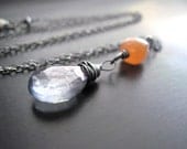 Mystic Blue Quartz Necklace, Peach Moonstone Cubes, Oxidized Sterling Silver, Wire Wrapped