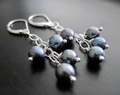 Peacock Black Freshwater Pearl Earrings, Sterling Silver, Chain, Wire Wrapped
