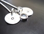 Hand Stamped Initial Necklace, Sterling Silver, Swarovski Crystal