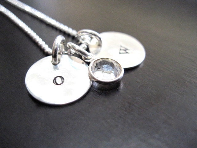 Hand Stamped Initial Necklace, Sterling Silver, Swarovski Crystal