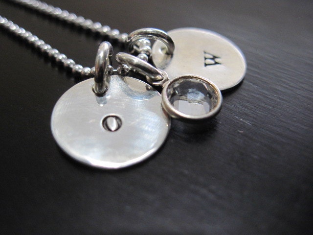 Hand Stamped Initial Necklace, Sterling Silver, Swarovski Crystal