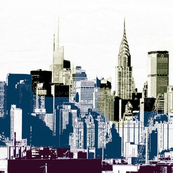 New York City Skyline - layers of towers Mid Town Manhattan building Skyline with rustic pop art graphic