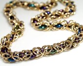 Chainmaille Necklace- Bold & Brilliant Byzantine- Chainmaille with Glass- Jewelry Brass/Blue Iris