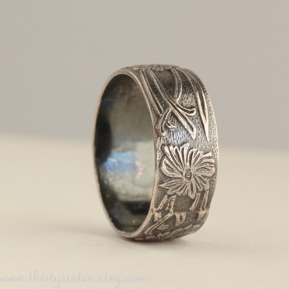 Wide Art Deco Wedding band, Sterling Silver Ring