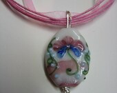 40% off Lotus, Glass Bead, Lampwork, pendant, reversible, necklace, pink, pastel, silver craft wire