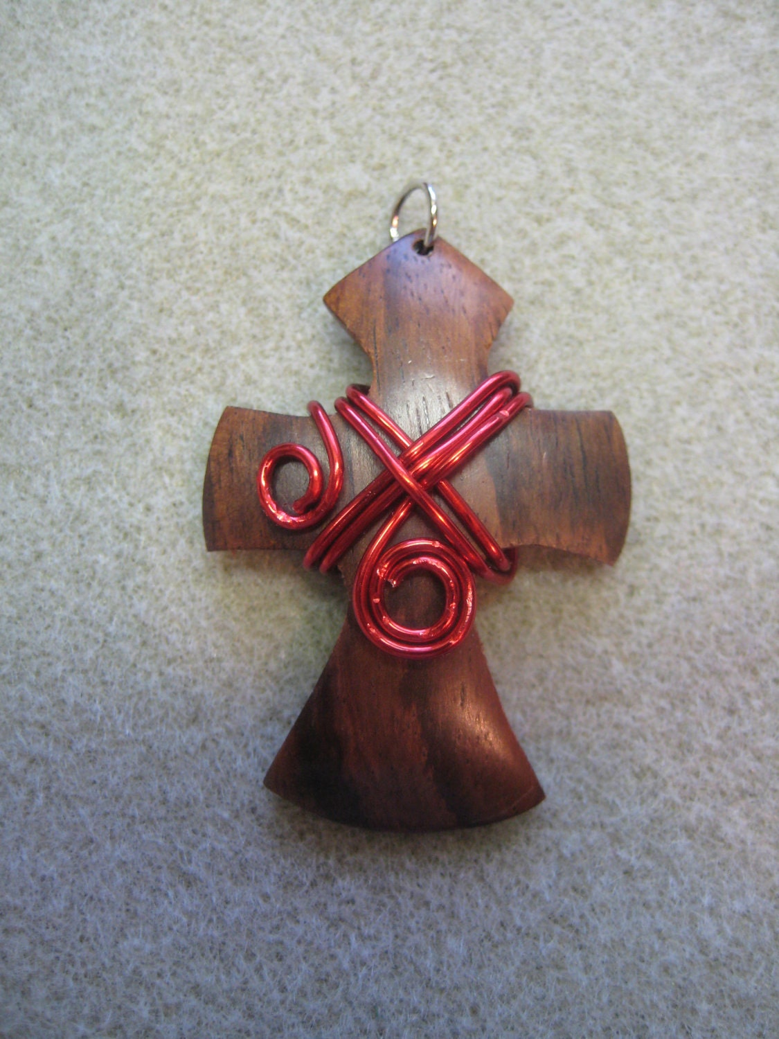 Wooden Cross Pendant, Wire wrapped with Red craft wire Christian