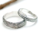 Sterling Silver Tree Bark Wedding Bands - 3mm and 6mm set