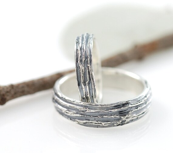 Sterling Silver Tree Bark Wedding Bands - 4mm and 6mm set