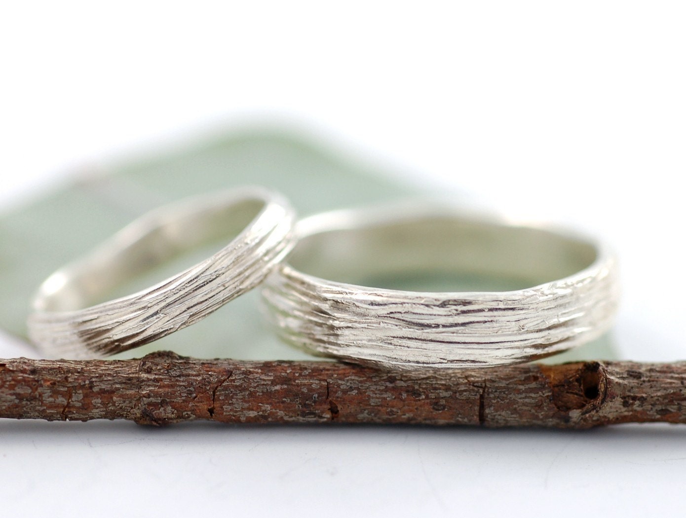 Sterling Silver Tree Bark Wedding Bands - 3mm and 5mm set